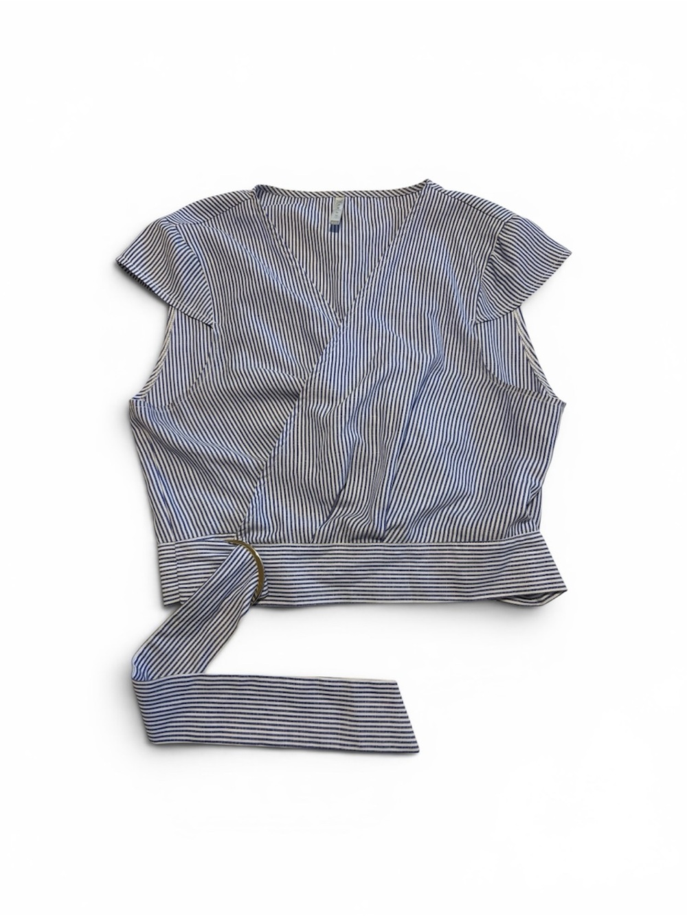 Striped Wrap Crop Top with Waist Tie - Blue/White